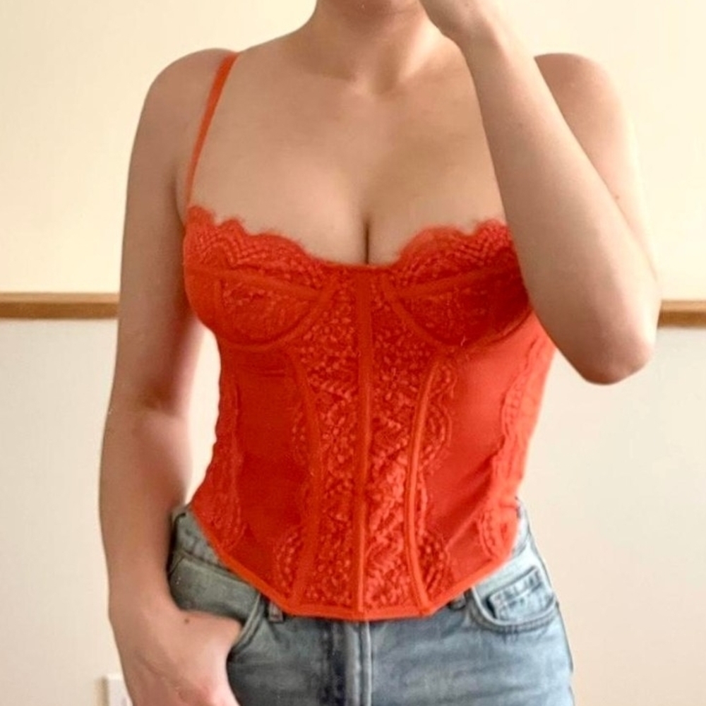 SHEIN Vibrant Orange Lace Bustier Top